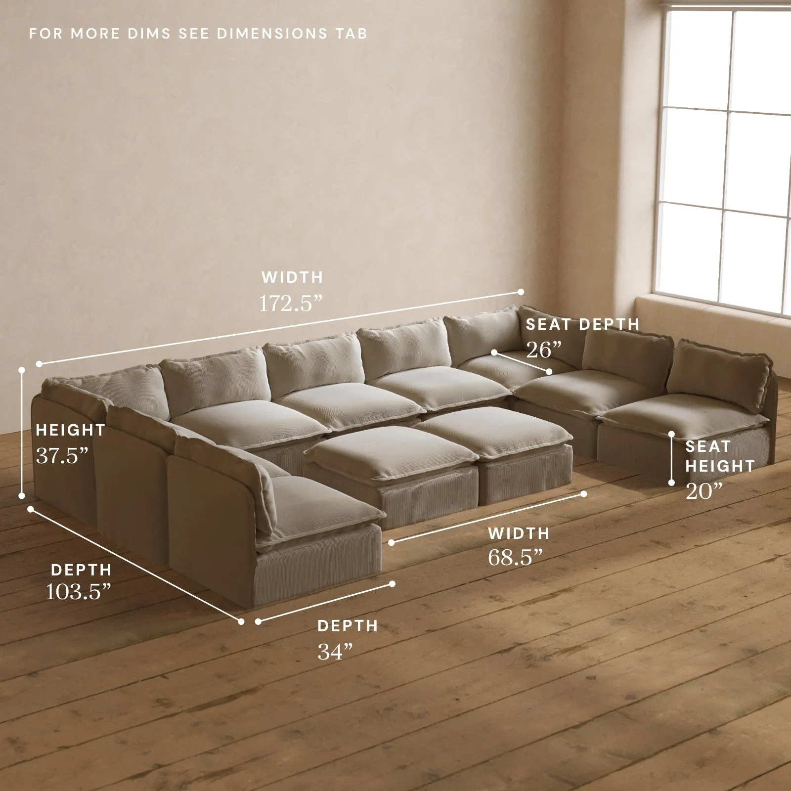 Modular Washable 9-Seater Open-Ends U-Sectional   Bench Ottoman in Milk | Deluxe  Seat | Cloud Pillow