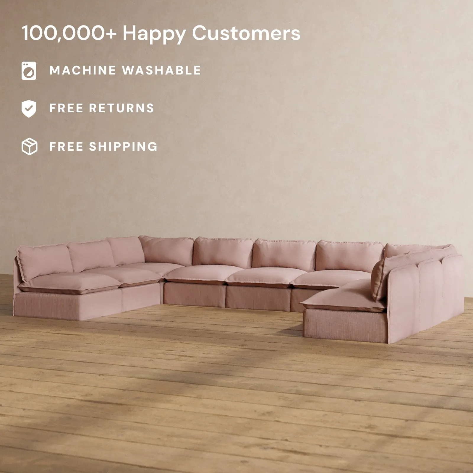 Modular Washable 9-Seater Open-Ends U-Sectional in Sakura | Deluxe  Seat | Cloud Pillow