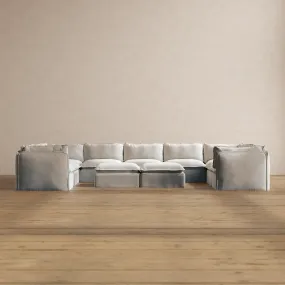 Modular Washable 9-Seater U-Sectional   Bench Ottoman in Milk | Deluxe  Seat | Cloud Pillow