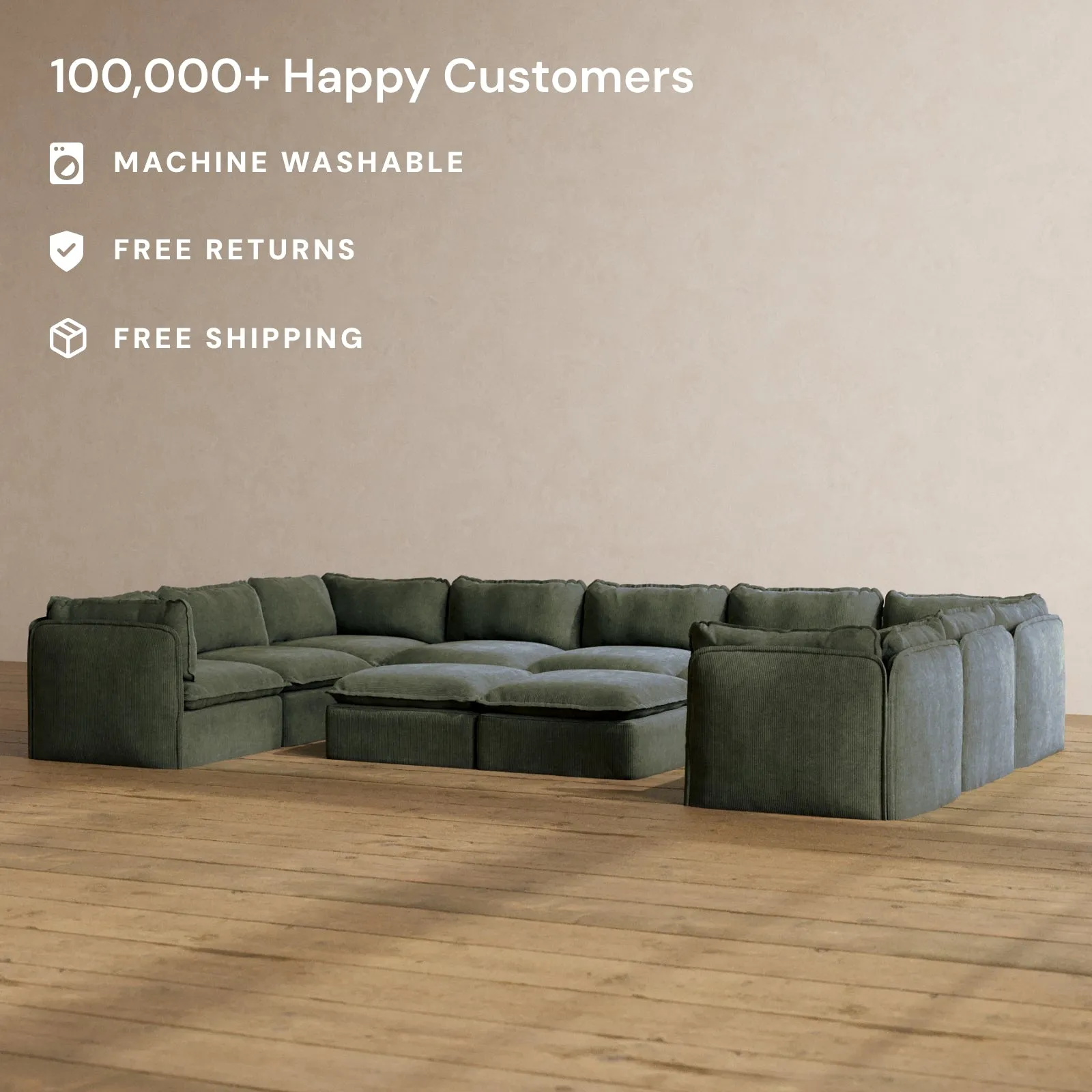 Modular Washable 9-Seater U-Sectional   Bench Ottoman in Olivine | Deluxe  Seat | Cloud Pillow