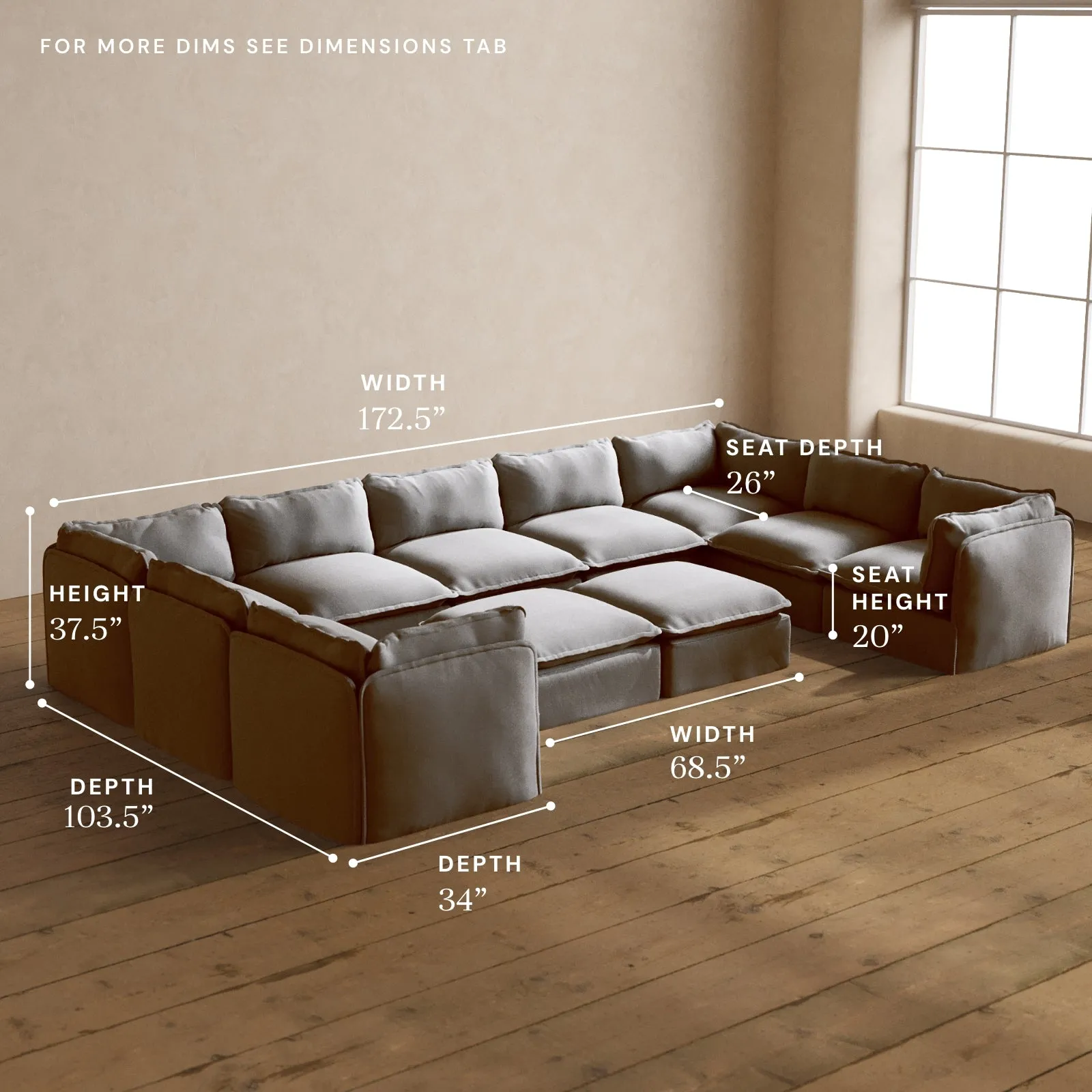 Modular Washable 9-Seater U-Sectional   Bench Ottoman in Pumice | Deluxe  Seat | Cloud Pillow