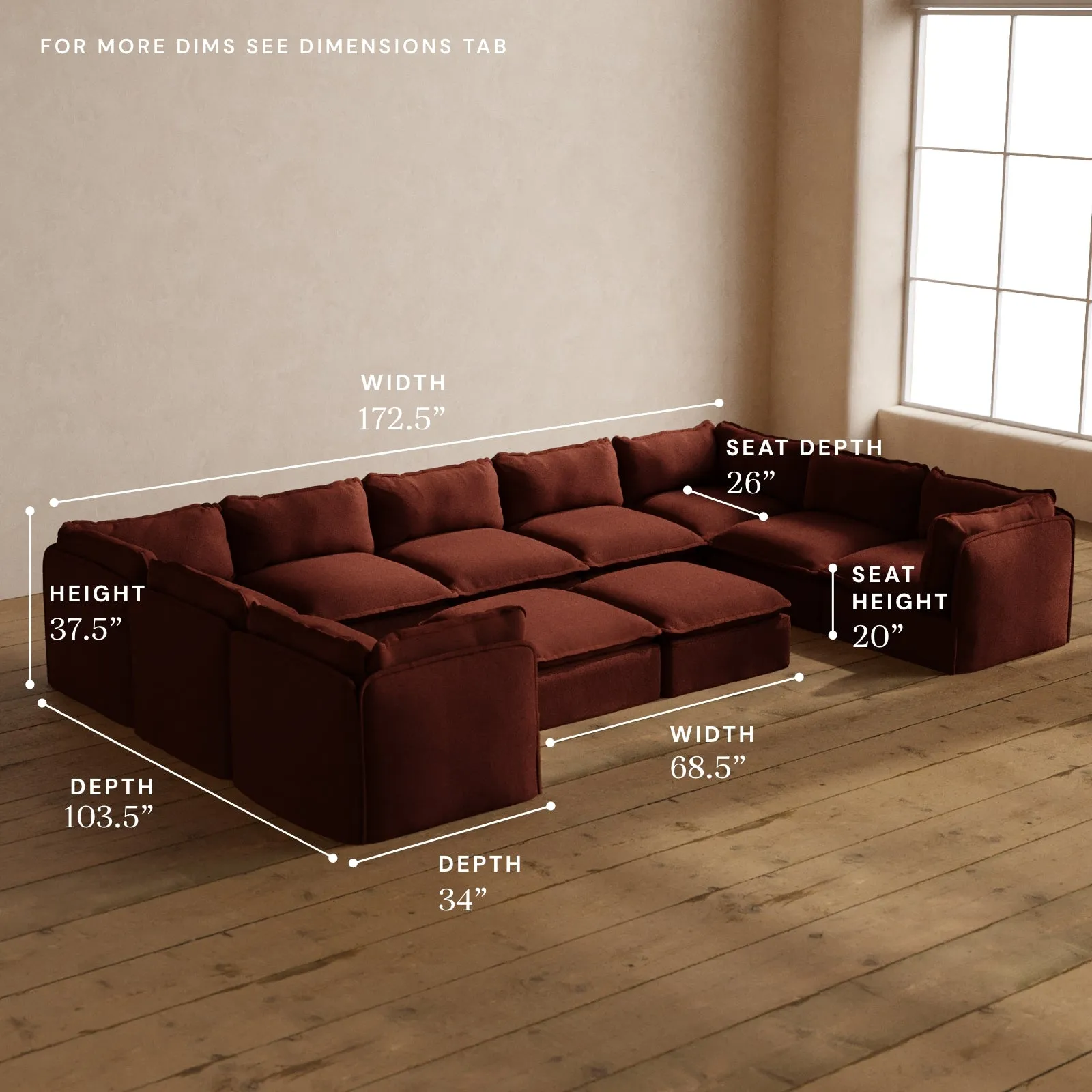 Modular Washable 9-Seater U-Sectional   Bench Ottoman in Rust | Deluxe  Seat | Cloud Pillow