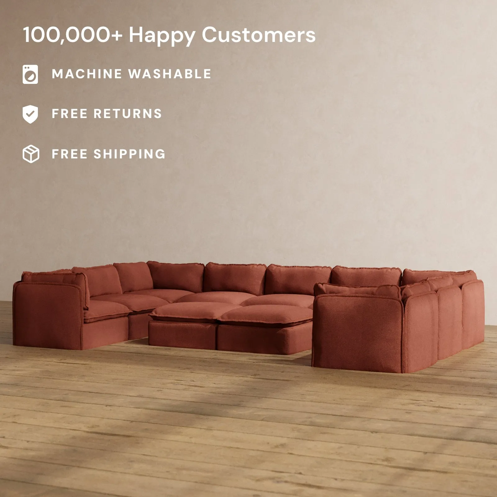 Modular Washable 9-Seater U-Sectional   Bench Ottoman in Rust | Deluxe  Seat | Cloud Pillow