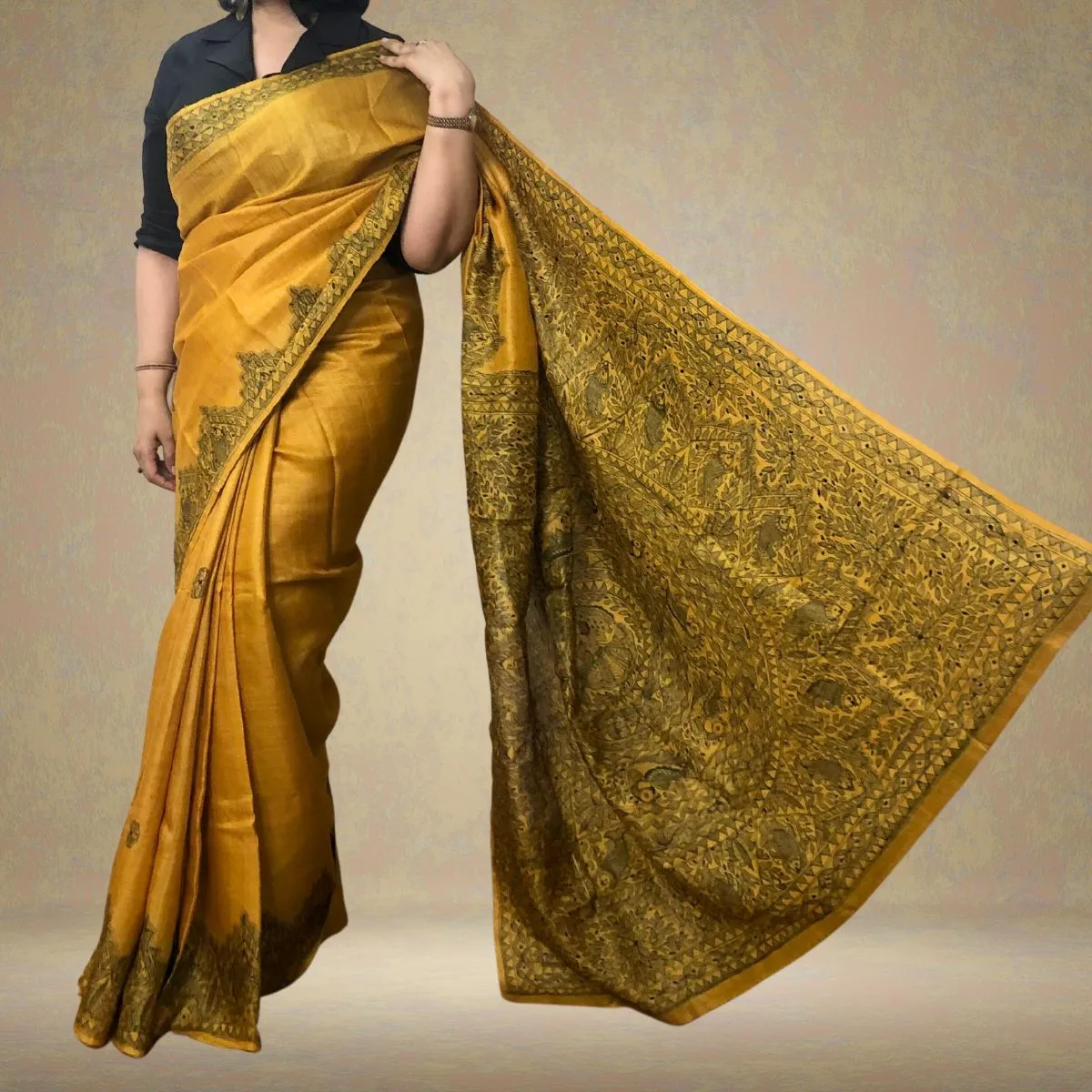 Mustard Tussar Ghicha Silk Saree with Madhubani Painted Art | Elegant | Classy