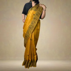 Mustard Tussar Ghicha Silk Saree with Madhubani Painted Art | Elegant | Classy