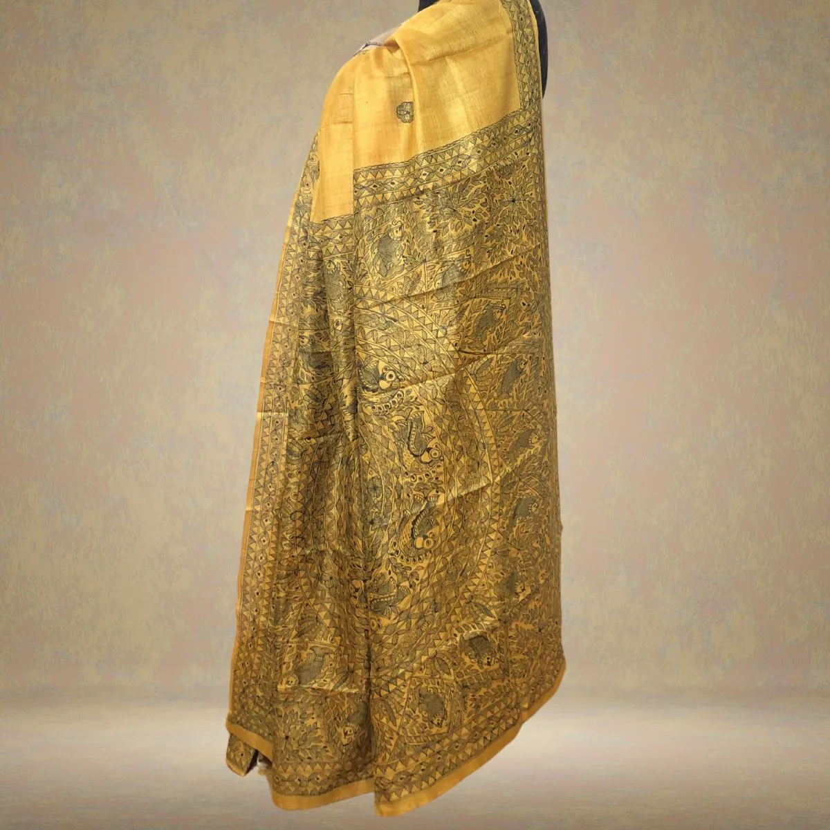 Mustard Tussar Ghicha Silk Saree with Madhubani Painted Art | Elegant | Classy