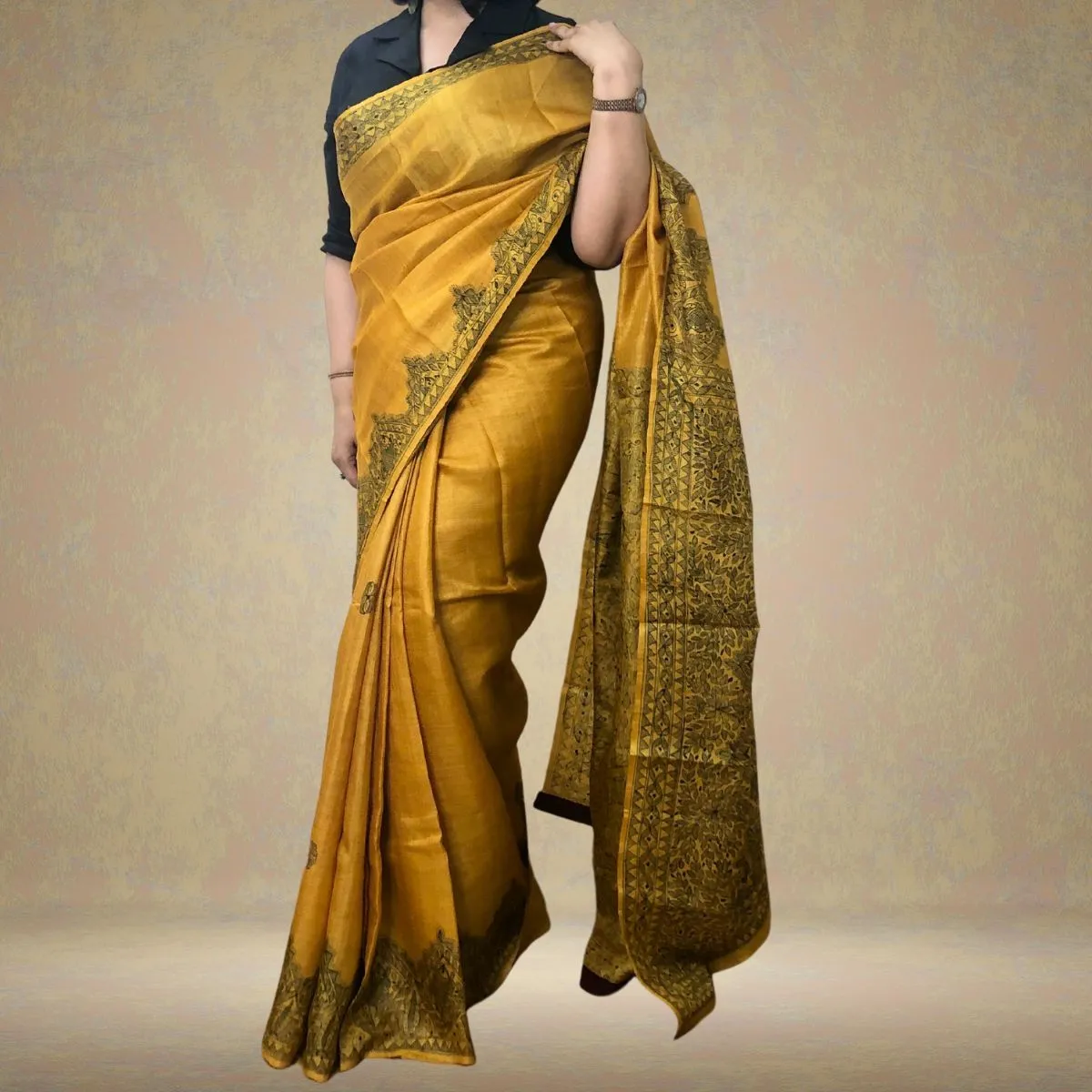 Mustard Tussar Ghicha Silk Saree with Madhubani Painted Art | Elegant | Classy