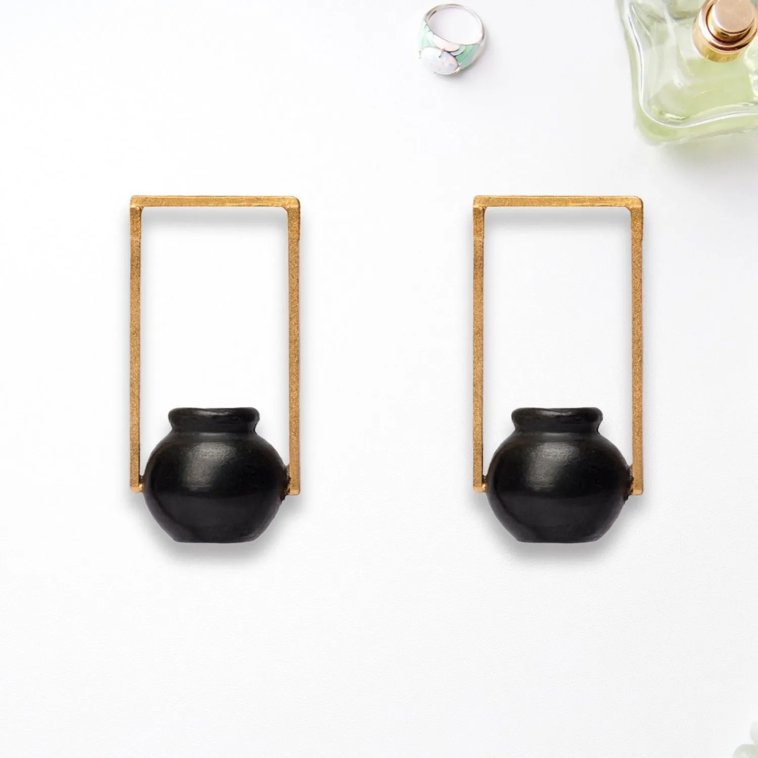 Rectangular Kalash Earring | Black Pottery Crafted | Artistic Design | Smart