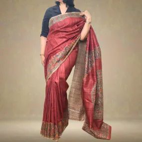 Red Tussar Ghicha Silk Saree | Madhubani Painted | Classy And Festive Wear