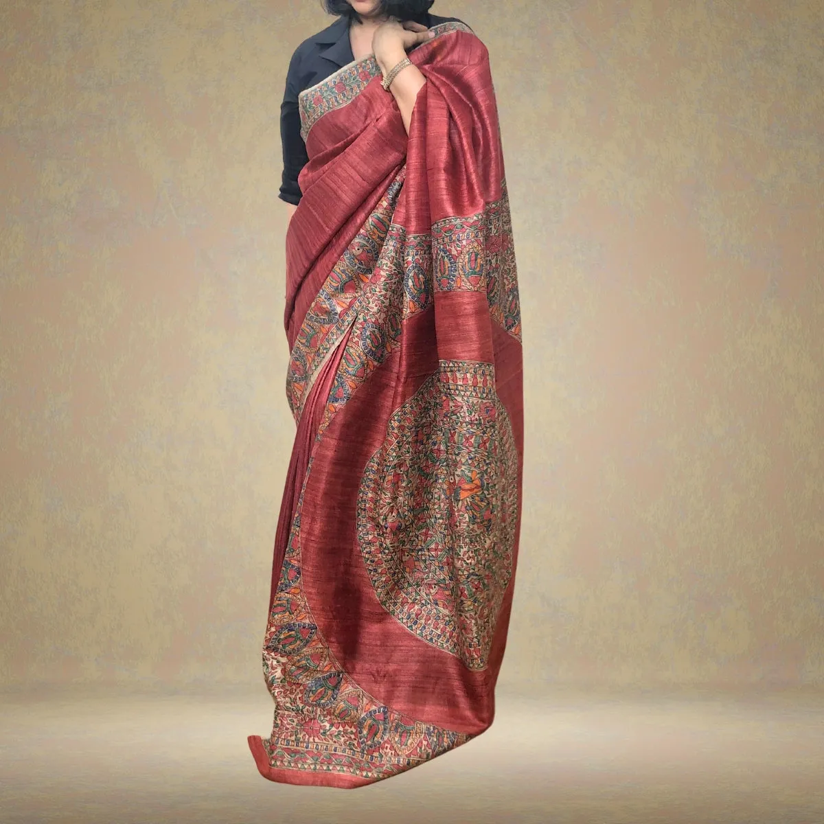 Red Tussar Ghicha Silk Saree | Madhubani Painted | Classy And Festive Wear