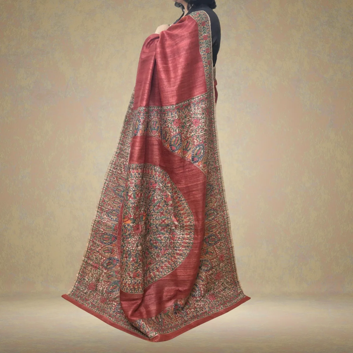 Red Tussar Ghicha Silk Saree | Madhubani Painted | Classy And Festive Wear