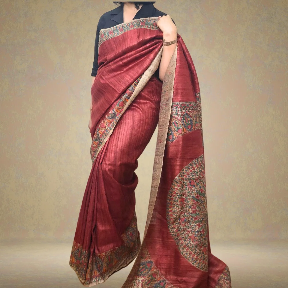 Red Tussar Ghicha Silk Saree | Madhubani Painted | Classy And Festive Wear