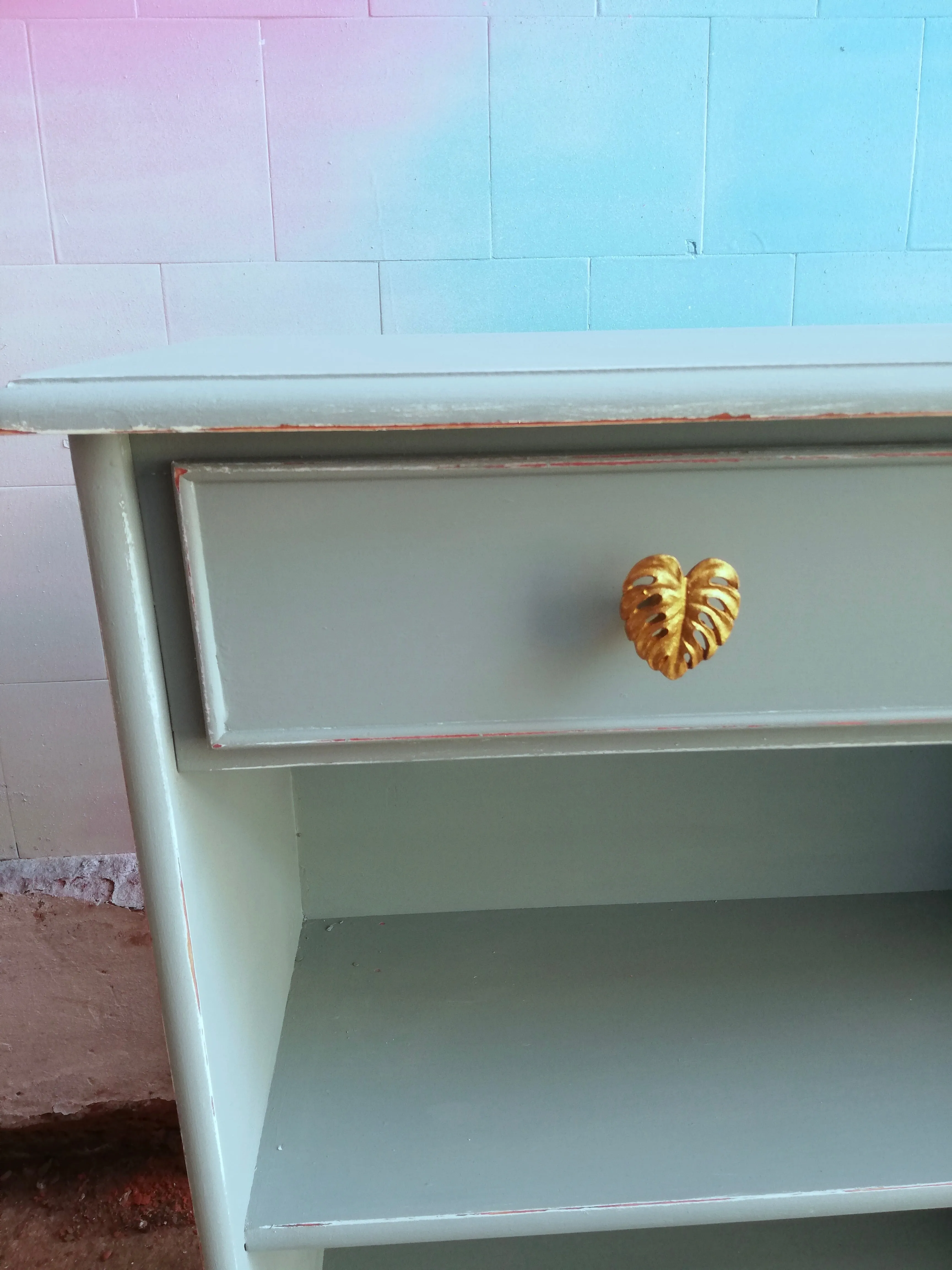 Reserved for Jed Vintage bookcase painted in matt blue with gold monstera leaf handles