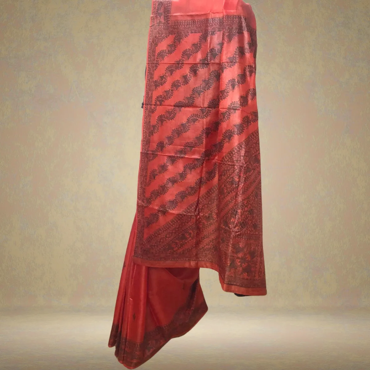 Rust Bhagalpuri Tussar Silk Saree | Madhubani Painted | Monochrome Look | Elegant