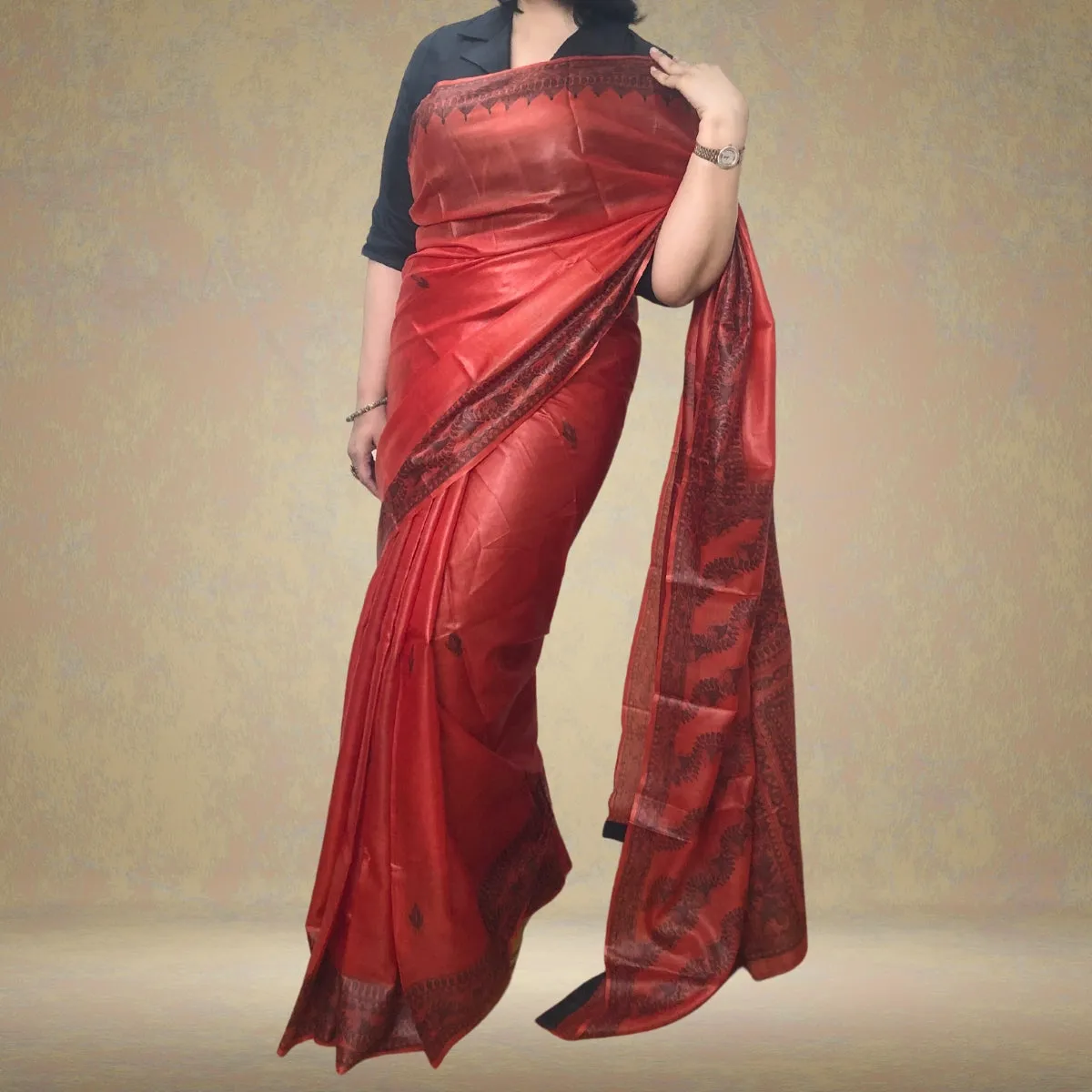 Rust Bhagalpuri Tussar Silk Saree | Madhubani Painted | Monochrome Look | Elegant