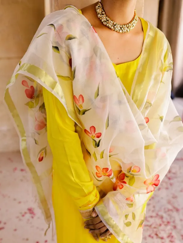 Solid Yellow Kurta Set With Painted Organza Dupatta (Set of 3)