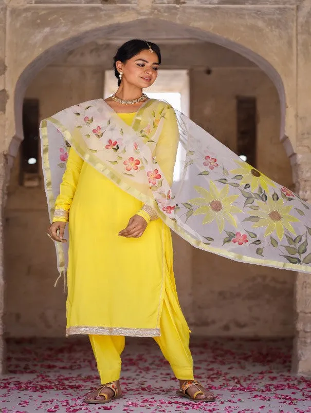 Solid Yellow Kurta Set With Painted Organza Dupatta (Set of 3)