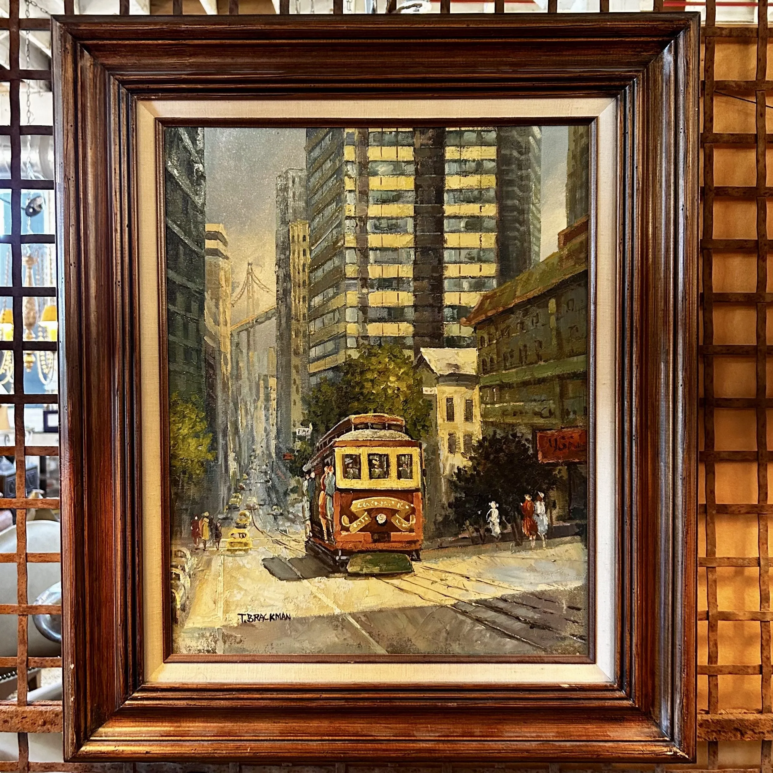 T. Brackman Original Art, Oil On Canvas, San Francisco Street Car, City Scene, Vintage, Framed