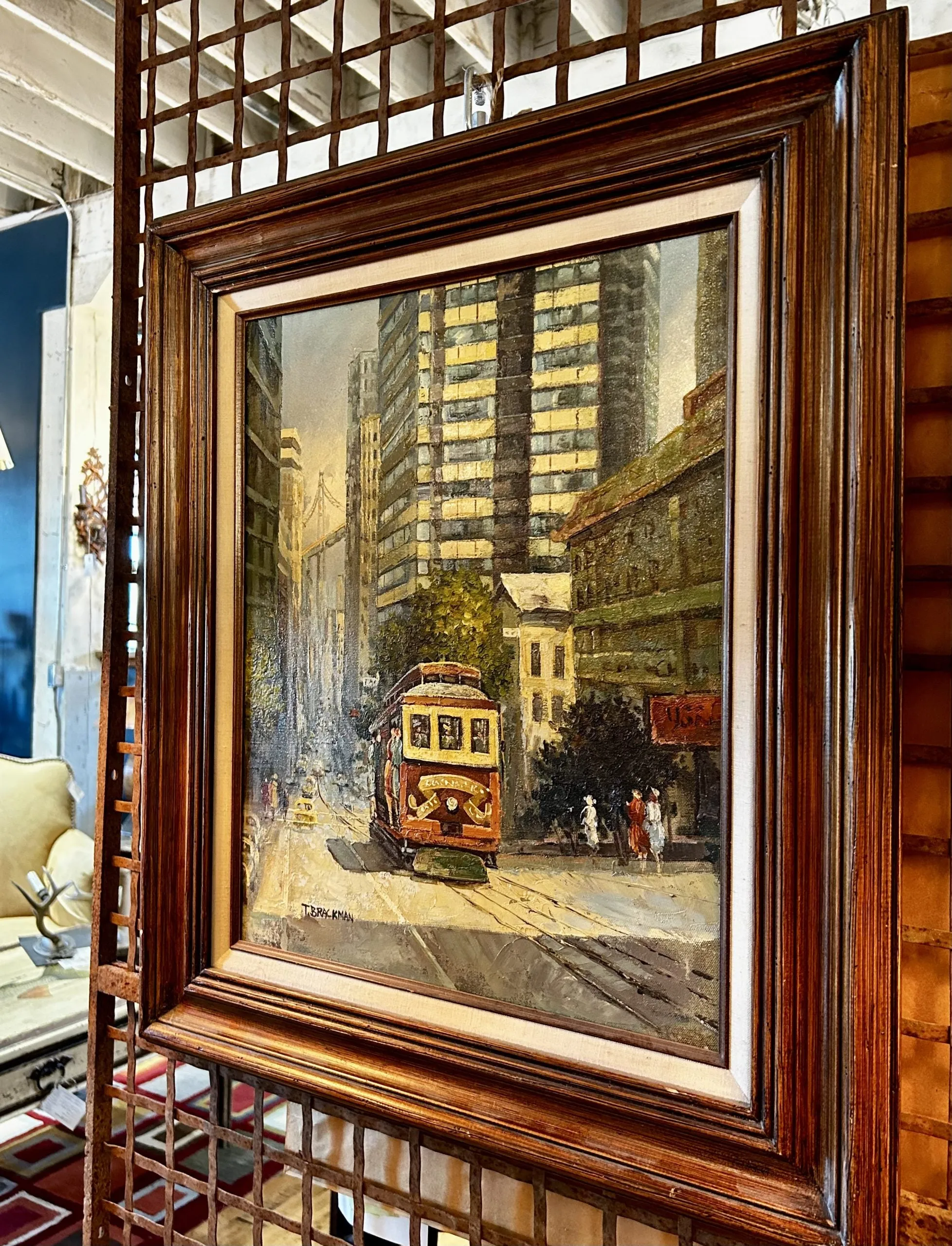 T. Brackman Original Art, Oil On Canvas, San Francisco Street Car, City Scene, Vintage, Framed