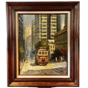T. Brackman Original Art, Oil On Canvas, San Francisco Street Car, City Scene, Vintage, Framed
