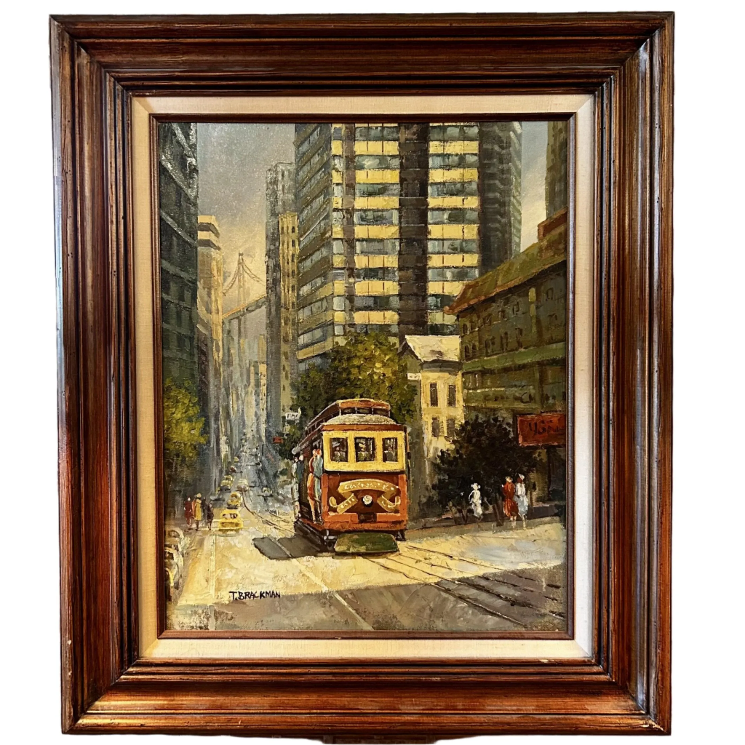 T. Brackman Original Art, Oil On Canvas, San Francisco Street Car, City Scene, Vintage, Framed