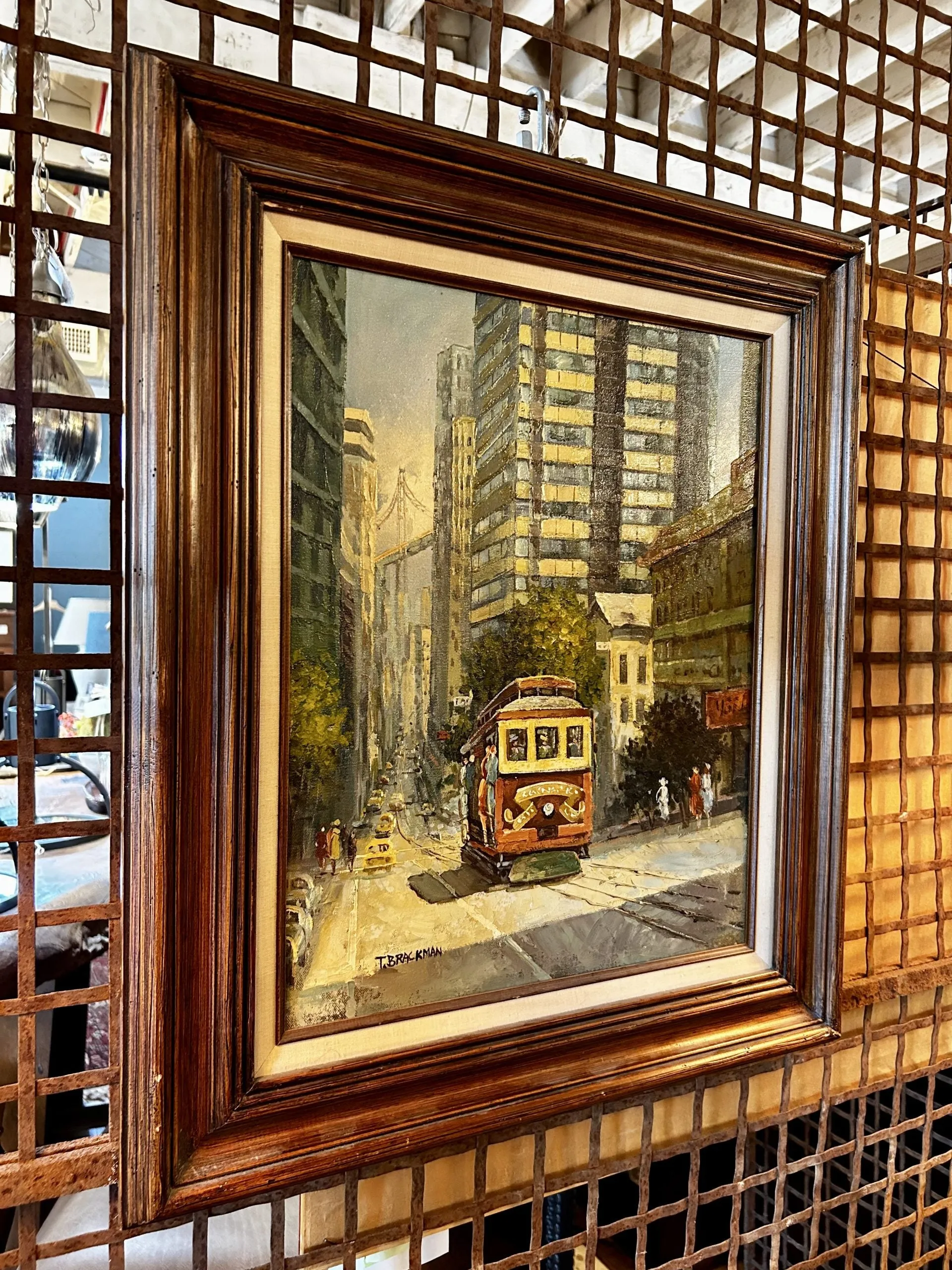 T. Brackman Original Art, Oil On Canvas, San Francisco Street Car, City Scene, Vintage, Framed